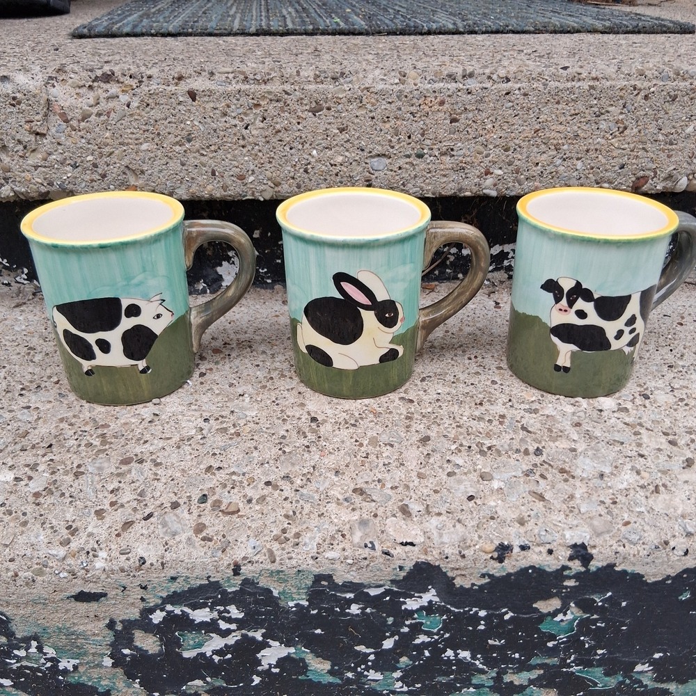 Rare HTF Eddie Bauer Folk Art Ceramic Mugs Bunny Pig Cow Lot Of 3 Stoneware